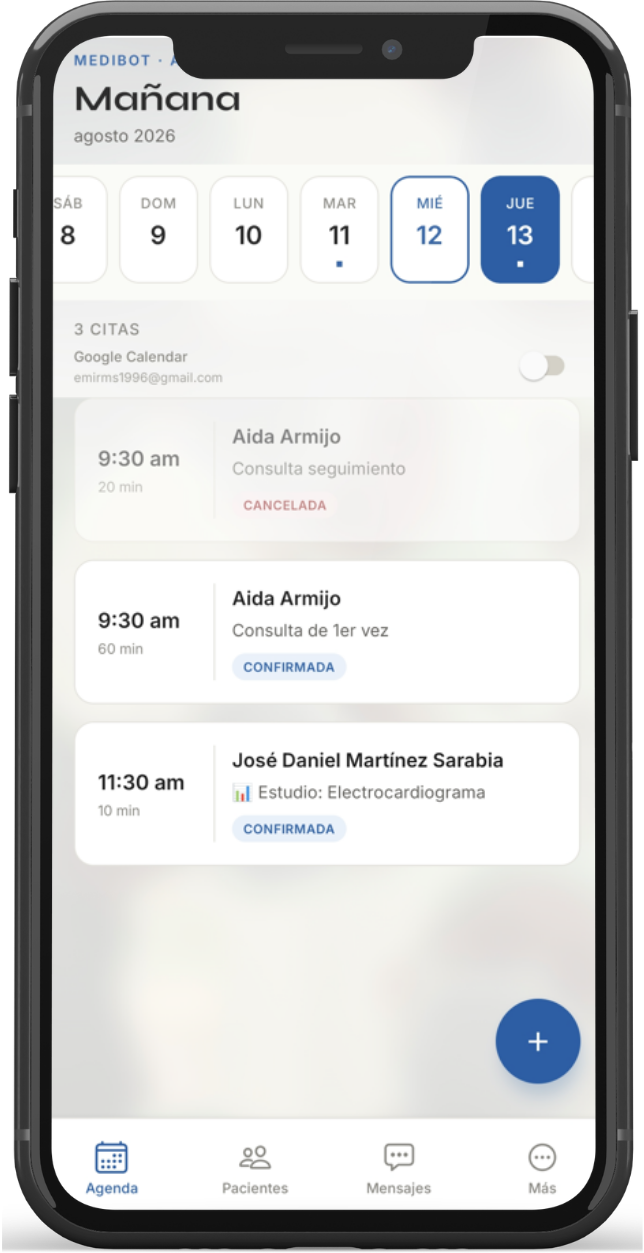 Agenda del día en la app móvil de MediBot